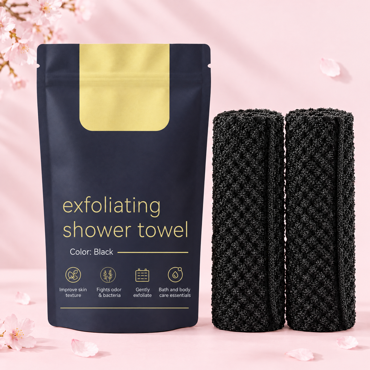 Exfoliating shower towel pouch with two rolled black towels
