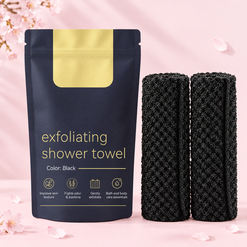 Exfoliating shower towel pouch with two rolled black towels