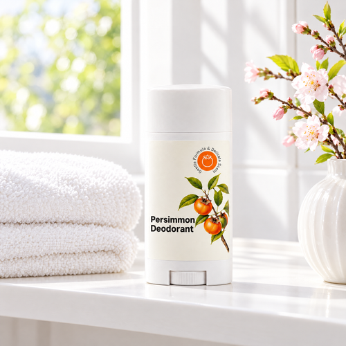 Persimmon deodorant stick on a bathroom shelf