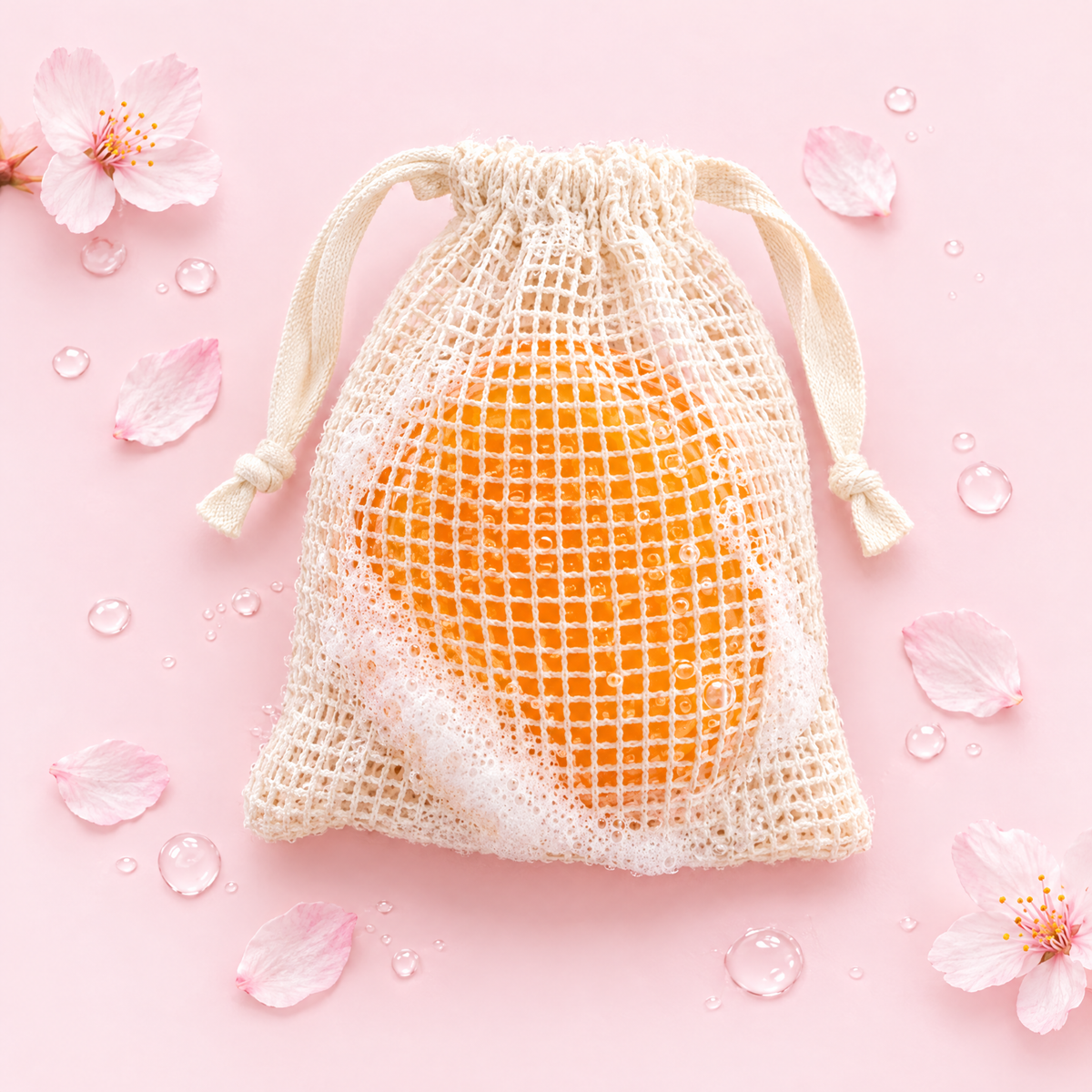 Mesh lather pouch holding an amber persimmon soap bar