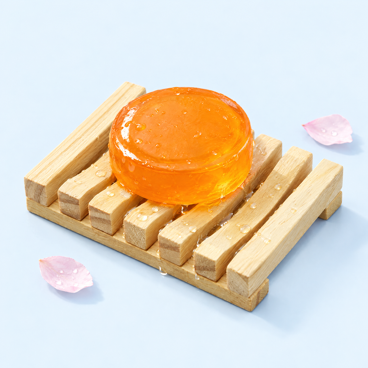 Slatted wooden soap dish holding an amber persimmon bar