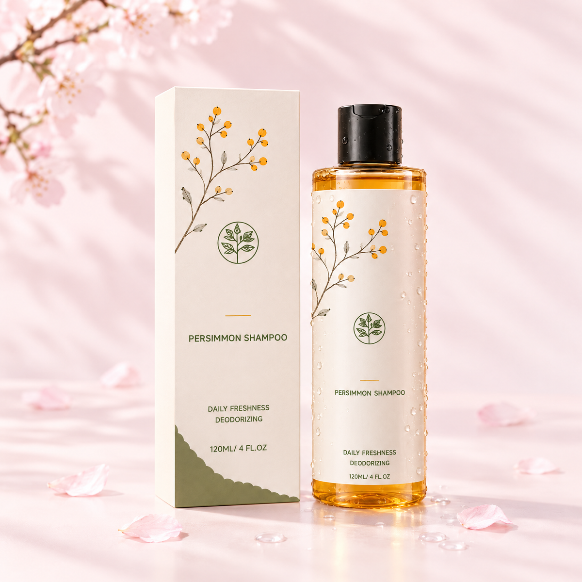 Persimmon shampoo box and bottle with cherry blossom petals