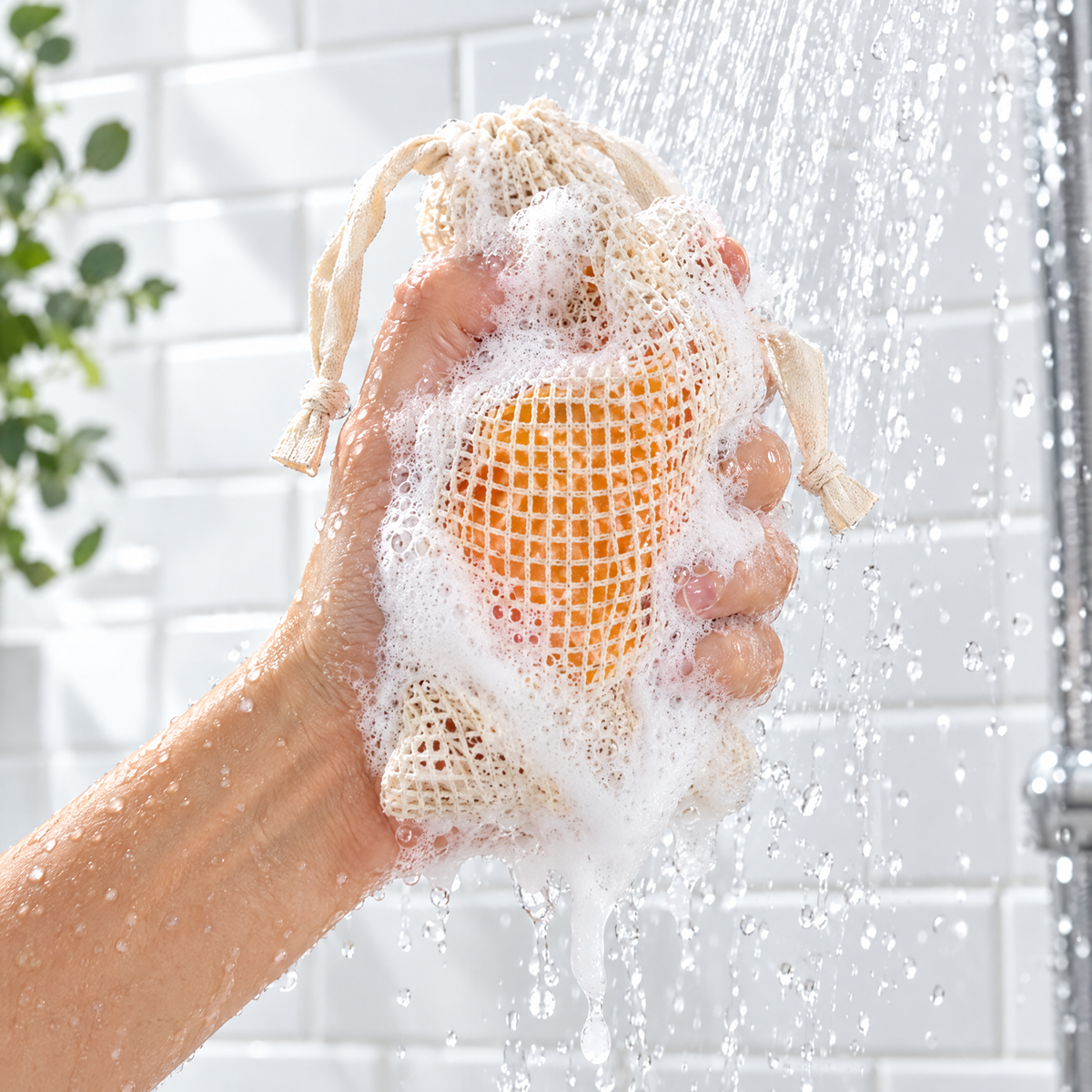 Hand squeezing thick lather from the mesh pouch in the shower