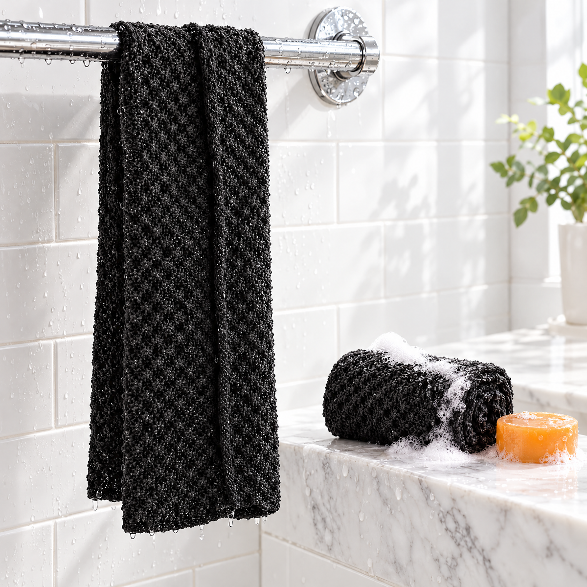 Black exfoliating towel hanging in a bright shower