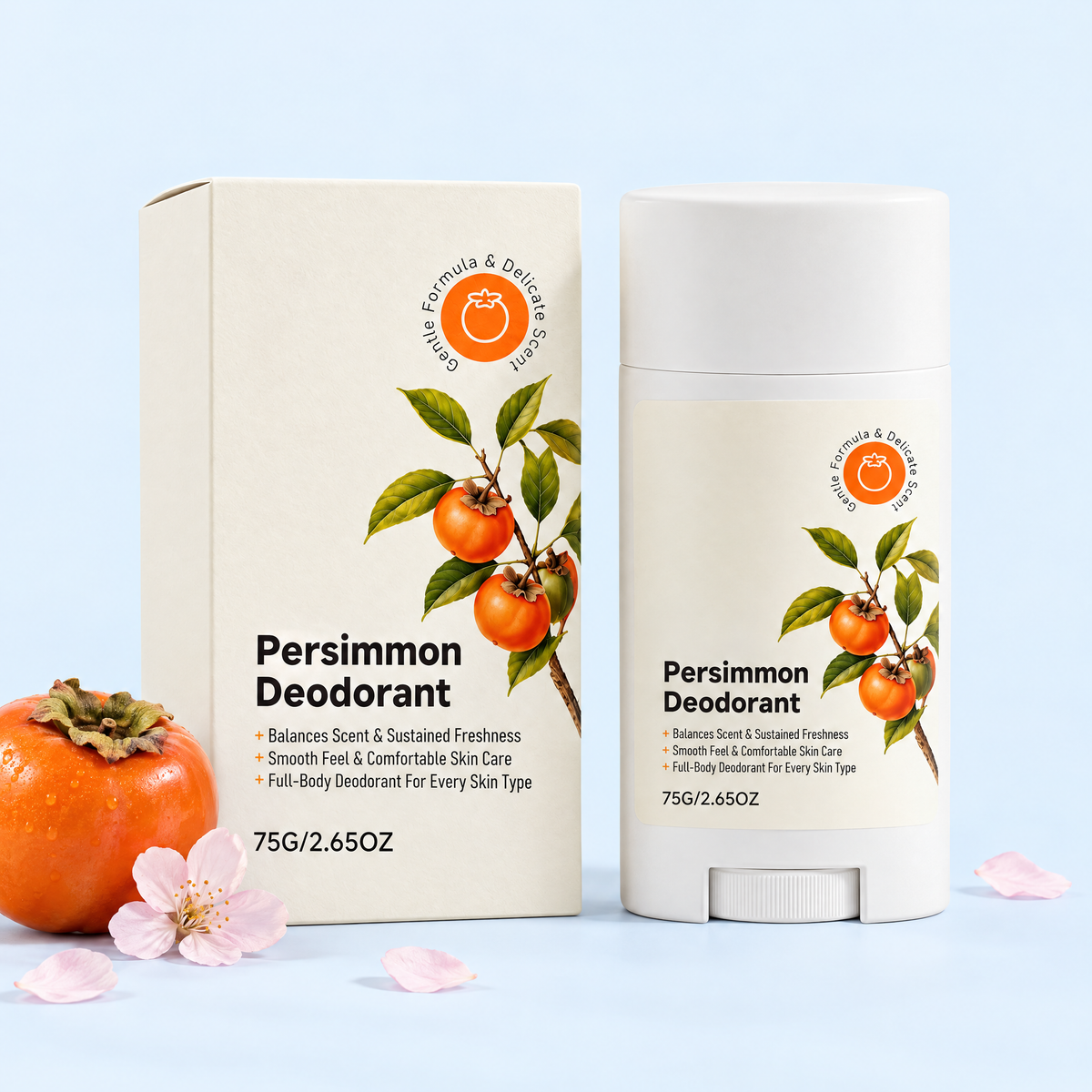 Persimmon deodorant box and stick on pale blue