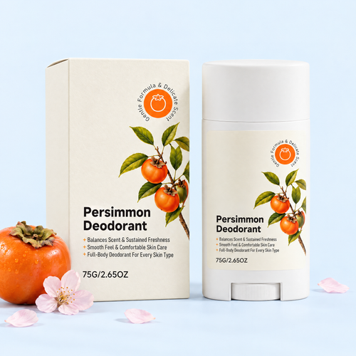 Persimmon deodorant box and stick on pale blue