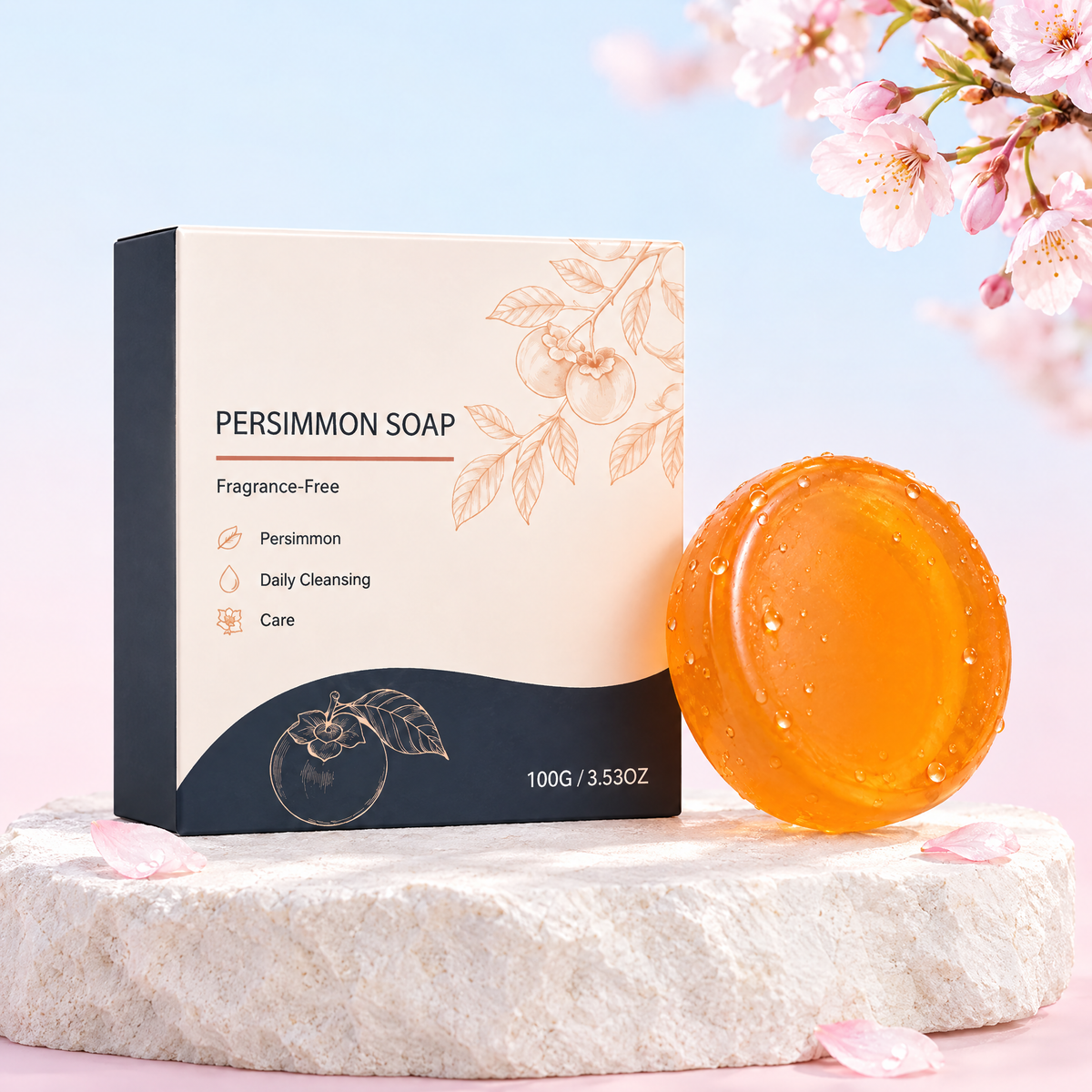 Hachiya persimmon soap box and amber bar with cherry blossoms