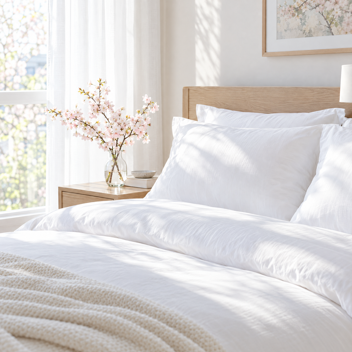Fresh white pillows in a sunny bedroom