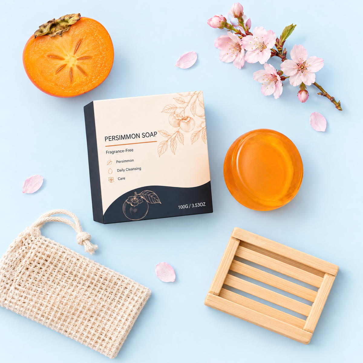 Hachiya soap with persimmon, mesh pouch and wooden dish