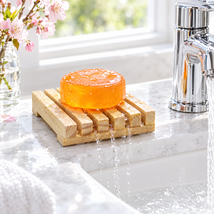 Soap drying on a wooden draining dish