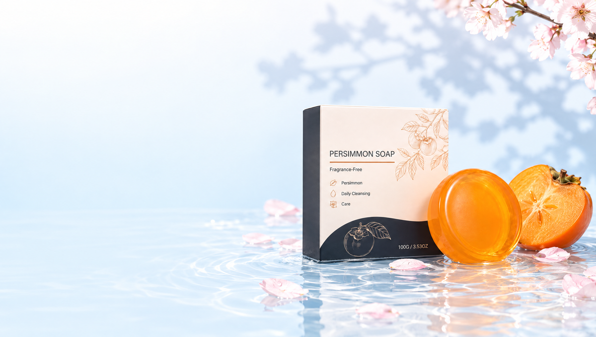 Persimmon soap and a halved persimmon in clear water with petals